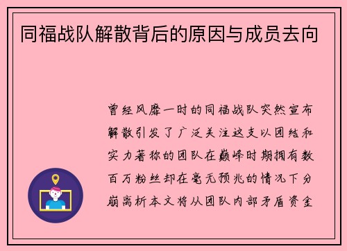 同福战队解散背后的原因与成员去向
