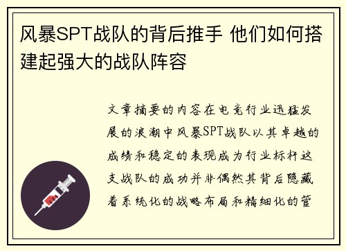 风暴SPT战队的背后推手 他们如何搭建起强大的战队阵容