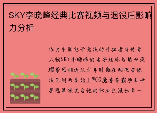 SKY李晓峰经典比赛视频与退役后影响力分析