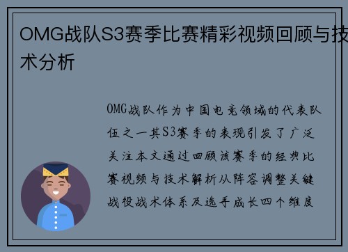 OMG战队S3赛季比赛精彩视频回顾与技术分析